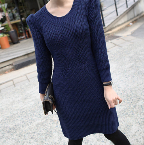 Long-sleeved Sweater Dress w/ Puffed Shoulders