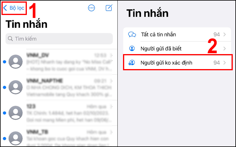 Những người lạ gửi tin nhắn sẽ được hiển thị ở mục Người gửi ko xác định