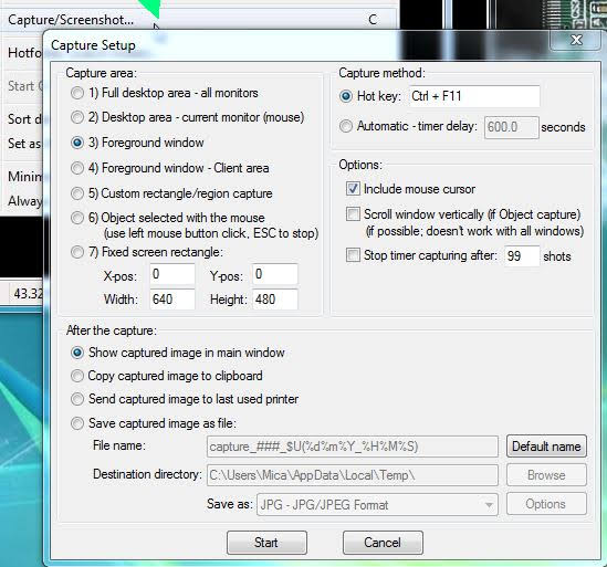 IrfanView Capture Setup has four bundles of options. Capture Area has seven types from full desktop area to a fixed screen rectangle. Capture method can be by hotkey or automatic on timer. After the capture offers four options, to show, copy to clipboard, send to printer or save. Finally in addition to default mouse cursor, two other options area to scroll window and set when to stop, if filming.