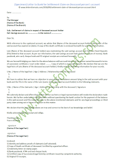 Letter to Bank for Settlement Claim on Deceased person's account (Sample)