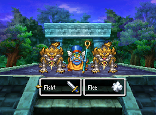 The party battles Master Kung and his two Foo Dogs, bosses in Dragon Quest IV.