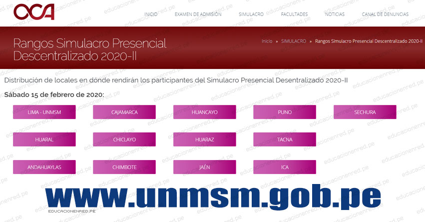 UNMSM: Locales y Aulas Simulacro Examen Admisión 2020-2 (Sábado 15 - Domingo 16 Febrero) Simulacro Presencial Descentralizado - Universidad Nacional Mayor de San Marcos - www.admision.unmsm.edu.pe