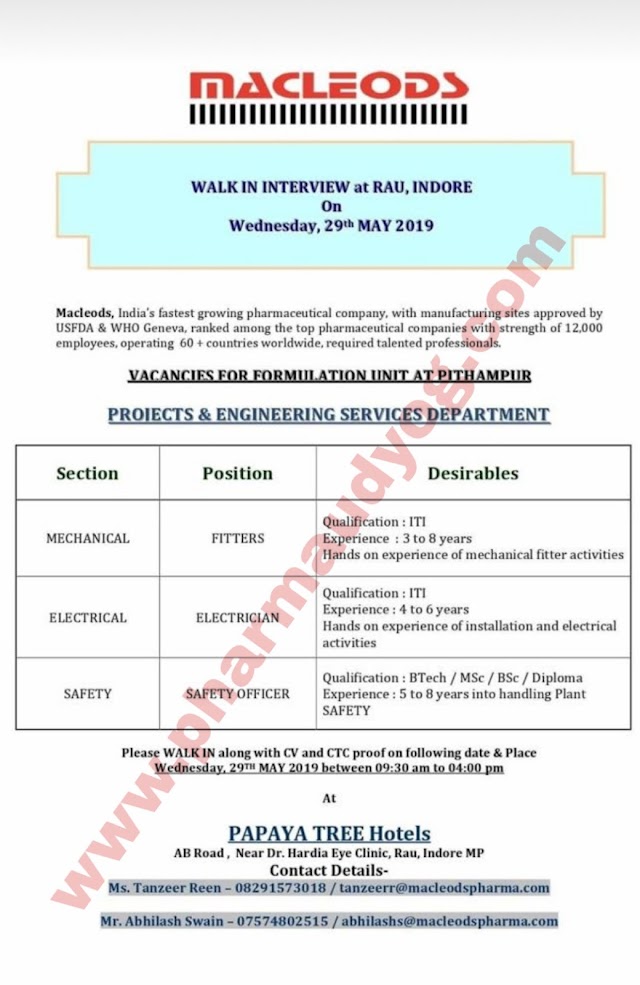 MacLeods | Walk-in interview for Projects/Engineering Services | 29th May 2019 | Indore
