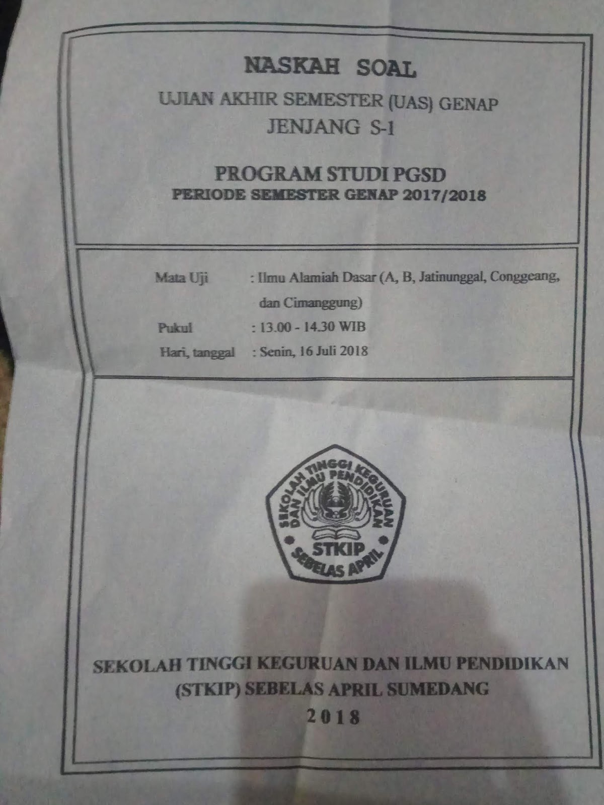 Soal Ujian Ilmu Alamiah Dasar Semester 6 PGSD