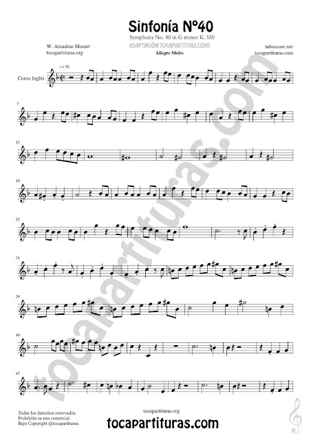 Hoja 1  Corno Inglés Partitura de Sinfonía Nº 40 English horn Sheet Music for French Horn Music Scores