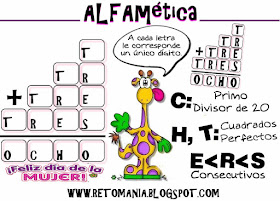 Alfamética, Criptoaritmética, Criptosuma, Juego de letras, Día de la mujer, Problemas de lógica, Retos matemáticos, Desafíos matemáticos, Problemas matemáticos, Problemas matemáticos con letras, Problemas de pensar