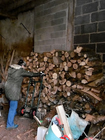 Stacking firewood.  Indre et Loire, France. Photographed by Susan Walter. Tour the Loire Valley with a classic car and a private guide.