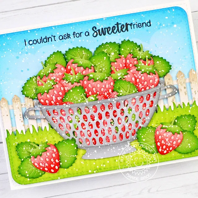 Sunny Studio Stamps: Strawberry Patch Friendship Card by Marine Simon (featuring Build-A-Bowl Dies, Rounded Rectangle Mat Dies, Picket Fence Border Dies, Punny Fruit Greetings)