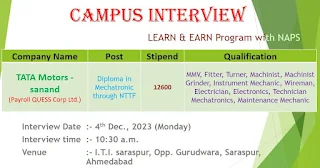 TATA Motors ITI Freshers Jobs Campus Placement Drive at ITI Saraspur, Ahmedabad | Under the LEARN & EARN Program