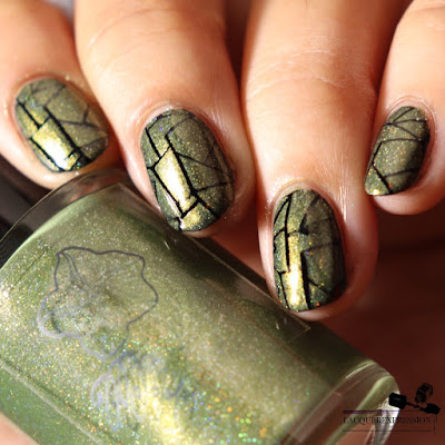 Nail stamping polish swatch of holographic pink olive green polish Florida Fall by Moonflower Polish