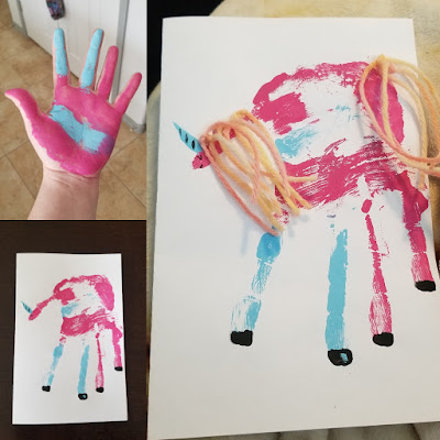 Photo collage of a hand covered in blue and pink paint, a folded piece of paper with a paint handprint on it changed to look like a unicorn, and the painted handprint with yarn added to create a mane and tail.