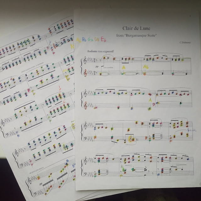 Evelina's coloured-in musical notes #3 - 'Clair de Lune from "Bergamesque Suite"'