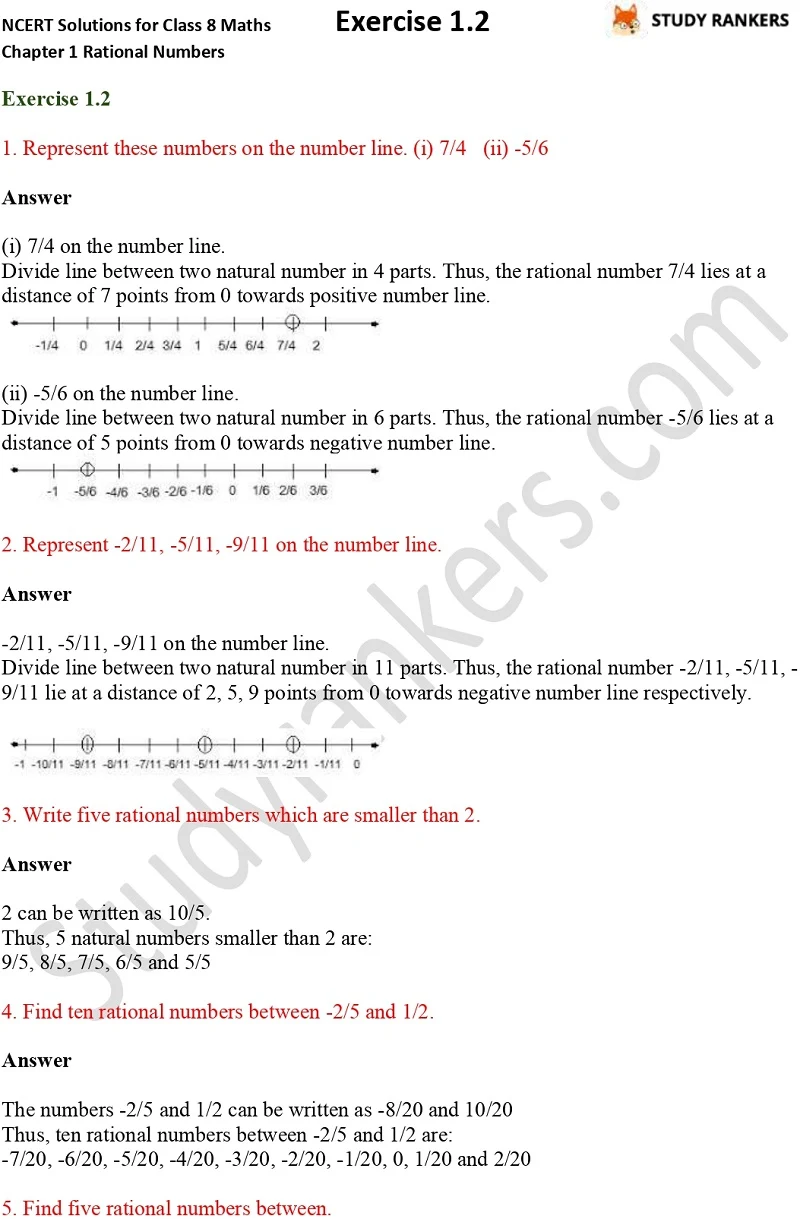 NCERT Solutions for Class 8 Maths Chapter 1 Rational Numbers Exercise 1.2 Part 1