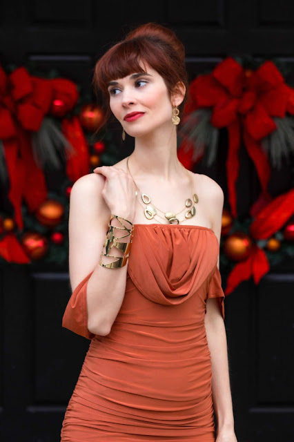 Rust Bardot Cowl Neck Ruched Midi Dress - Malia from FemmeLuxeFinery.co.uk