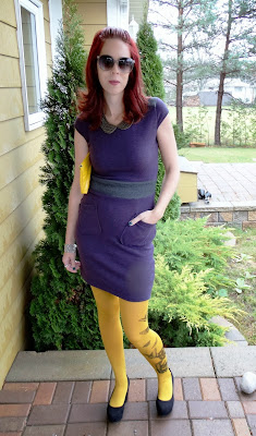 yellow butterfly Zohara tights with The Embellished Room purple dress, H&M Sunglasses and wedged heeled shoes, vintage clutch, Shop For Jayu collar necklace, toronto fashion and style colour blocking