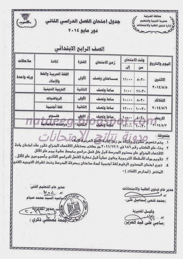 بالصور جدول امتحانات الشهادة الابتدائيه الترم الثانى 2014 كاملا