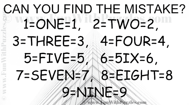 CAN YOU FIND THE MISTAKE? 1=ONE=1, 2=TWO=2, 3=THREE=3, 4=FOUR=4, 5=FIVE=5, 6=5IX=6, 7=SEVEN=7, 8=EIGHT=8, 9=NINE=9