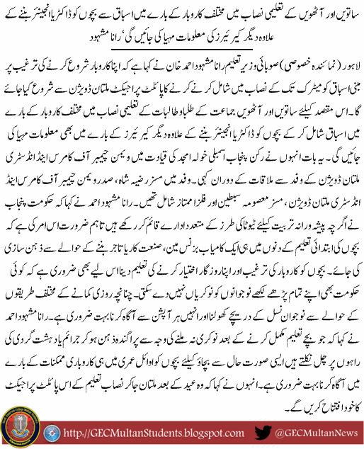 Business Chapter included in Syllabus of up to Matric Class
