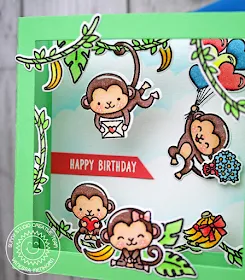 Sunny Studio Stamp: Love Monkey Happy Birthday Shadow Box Monkey Themed Card by Vanessa Menhorn