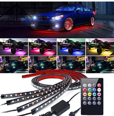 EJ's SUPER CAR 4PCs Car Neon Underglow Underbody LED Light Kit, Undercar Strip Lighting, High Intensity LED Rock Lights w/Sound Active Function and Wireless Remote Control