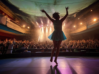 A hyper-realistic digital image showcasing the lively atmosphere of a theater performance in Boston, with enthusiastic audiences and dynamic performers on stage.