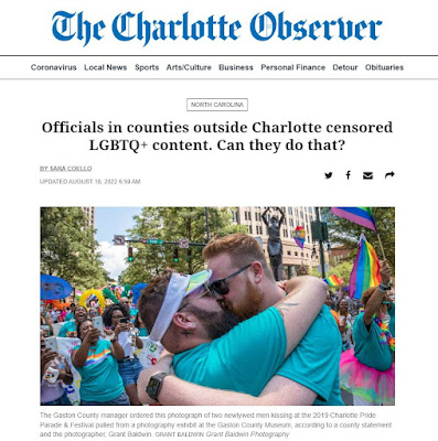 screenshot of Chalotte Observer article with Grant Baldwin's photograph of 2 men kissing at 2019 Pride Festival