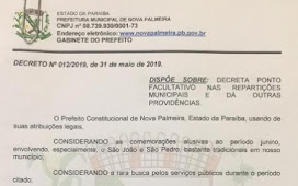 Prefeito de Nova Palmeira decreta ponto facultativo no período junino