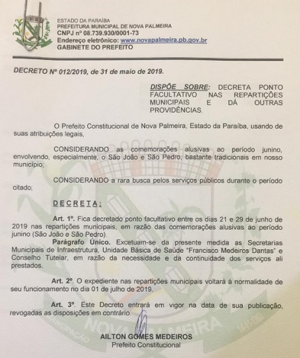 Prefeito de Nova Palmeira decreta ponto facultativo no período junino