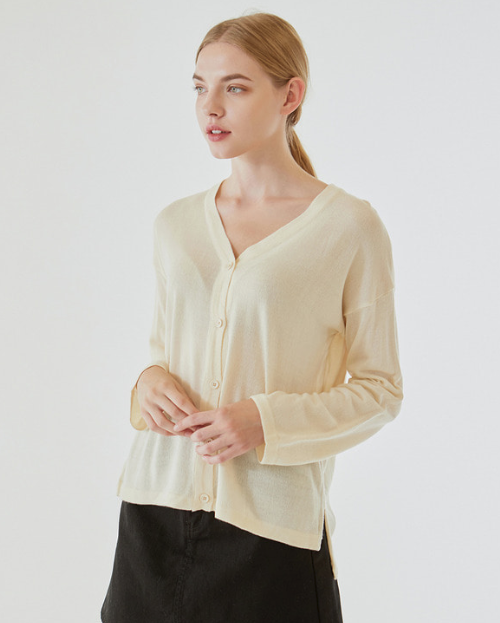 Y-Neck Side Slit Knit Cardigan