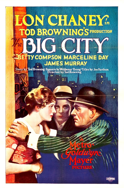 THE BIG CITY. Cartel One Sheet: 69 x 104 cms. Estados Unidos. Arte: Glenn Cravath. Imprenta: J. H. Tooker. LOS ANTROS DEL CRIMEN. The Big City. 1928. Estados Unidos. Dirección: Tod Browning. Reparto: Lon Chaney, Marceline Day, James Murray, Betty Compson, Matthew Betz, John George, Virginia Pearson, Walter Percival, Lew Short, Eddie Sturgis.