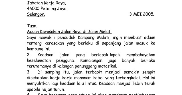 Contoh Karangan Surat Rasmi Aduan Upsr