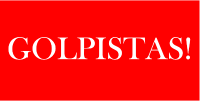 A imagem de fundo vermelho e caracteres em branco diz:golpistas! 