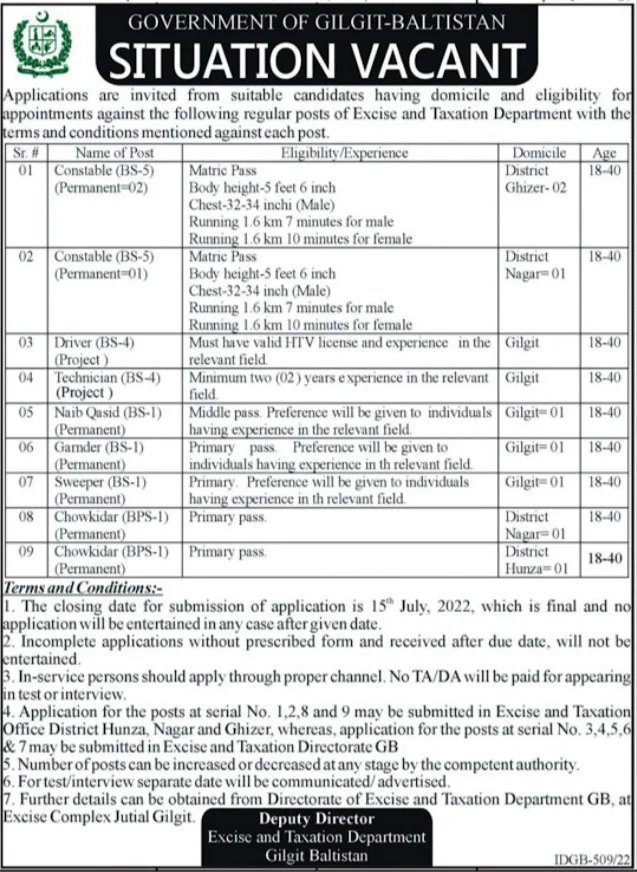 Excise and Taxation Gilgit Baltistan Jobs 2022