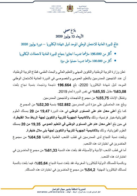 بلاغ صحفي الأربعاء 15 يوليوز 2020  نتائج الدورة العادية للامتحان الوطني الموحد لنيل شهادة البكالوريا – دورة يوليوز 2020