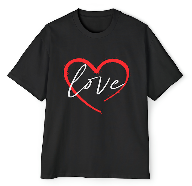 Men's Heavy Oversized Valentine T-Shirt With Black Illustrated Love Heart