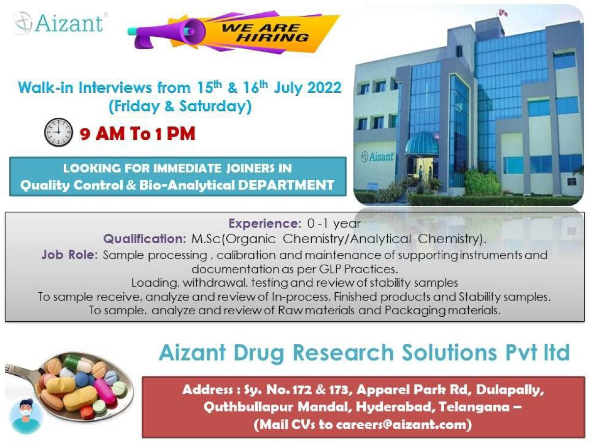 Job Available's for Aizant Drug Research Solutions Pvt Ltd Walk-In Interview for MSc Organic Chemistry/ Analytical Chemistry