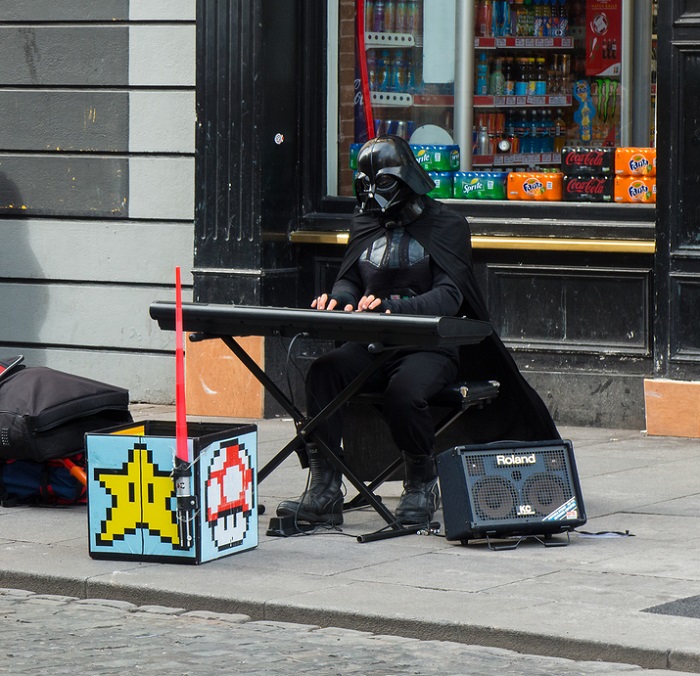 Darth Vader Costume Busking Streets Playing the Piano