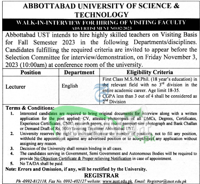 Latest job Abbottabad University Job advertisement 2023