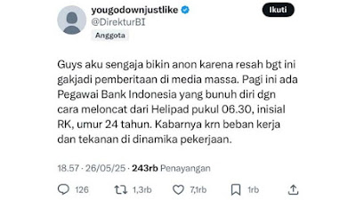 Viral Pegawai BI Diduga Bunuh Diri dan Terekam CCTV