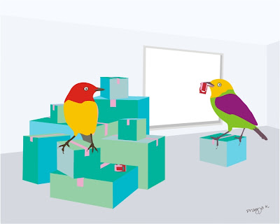 illustration of two birds with stacks of packaging boxes ready to move