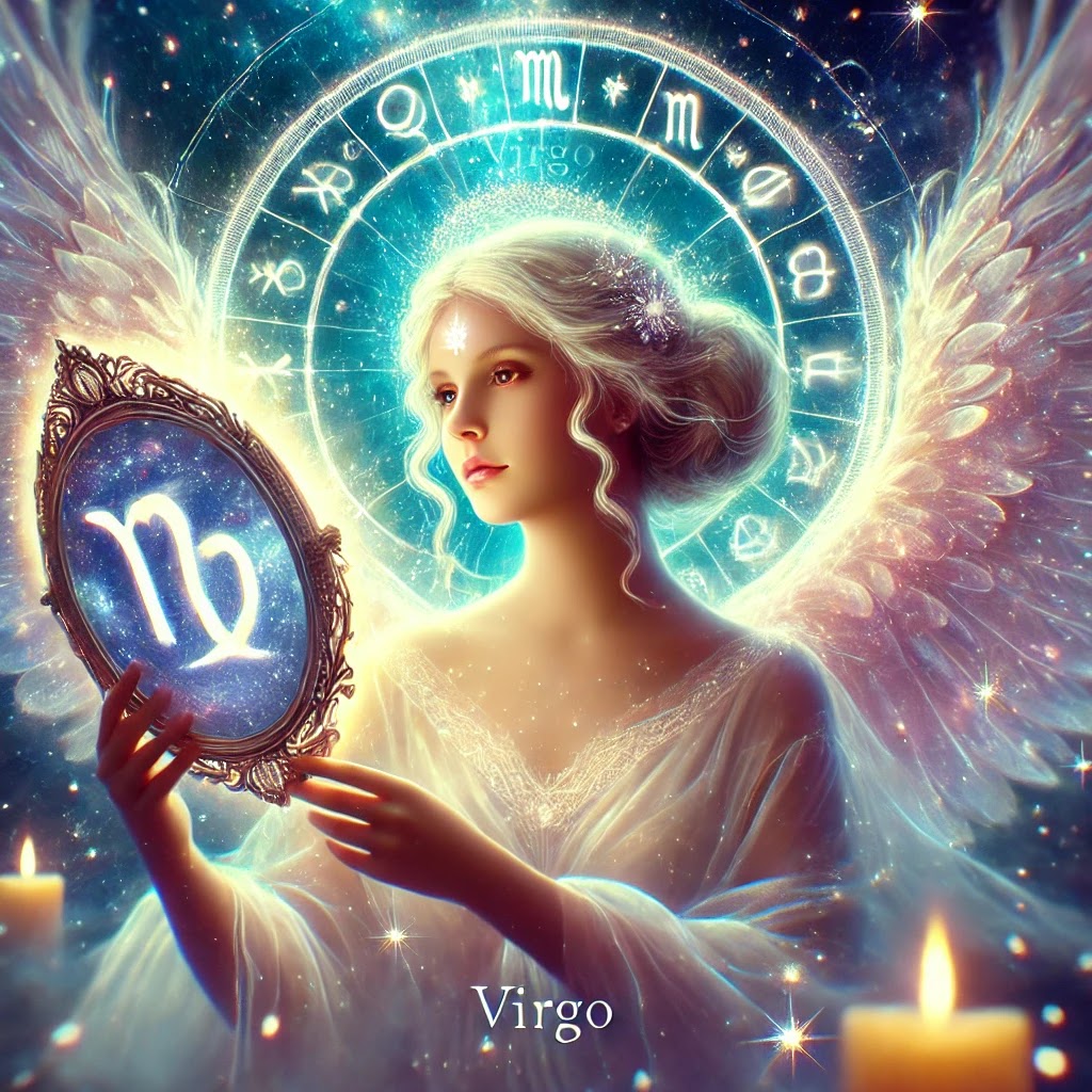 A luminous angel holding a shining mirror, reflecting Virgo’s true essence and divine authenticity.