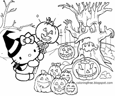 Jack O'Lantern old woodland graveyard Hello Kitty Halloween coloring pages for teenagers to printout