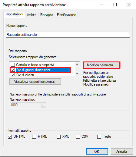 Proprietà attività rapporto archiviazione, File di grandi dimensioni