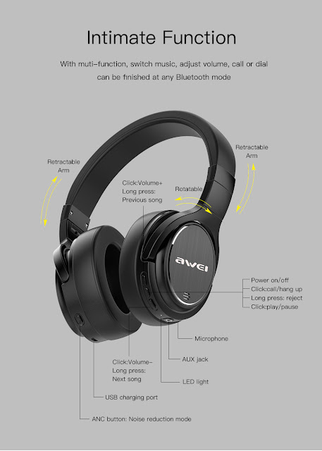 Awei A950BL ANC Wireless Bluetooth Headphone Active Noise Cancelling 1050mAh Foldable Stereo Headset