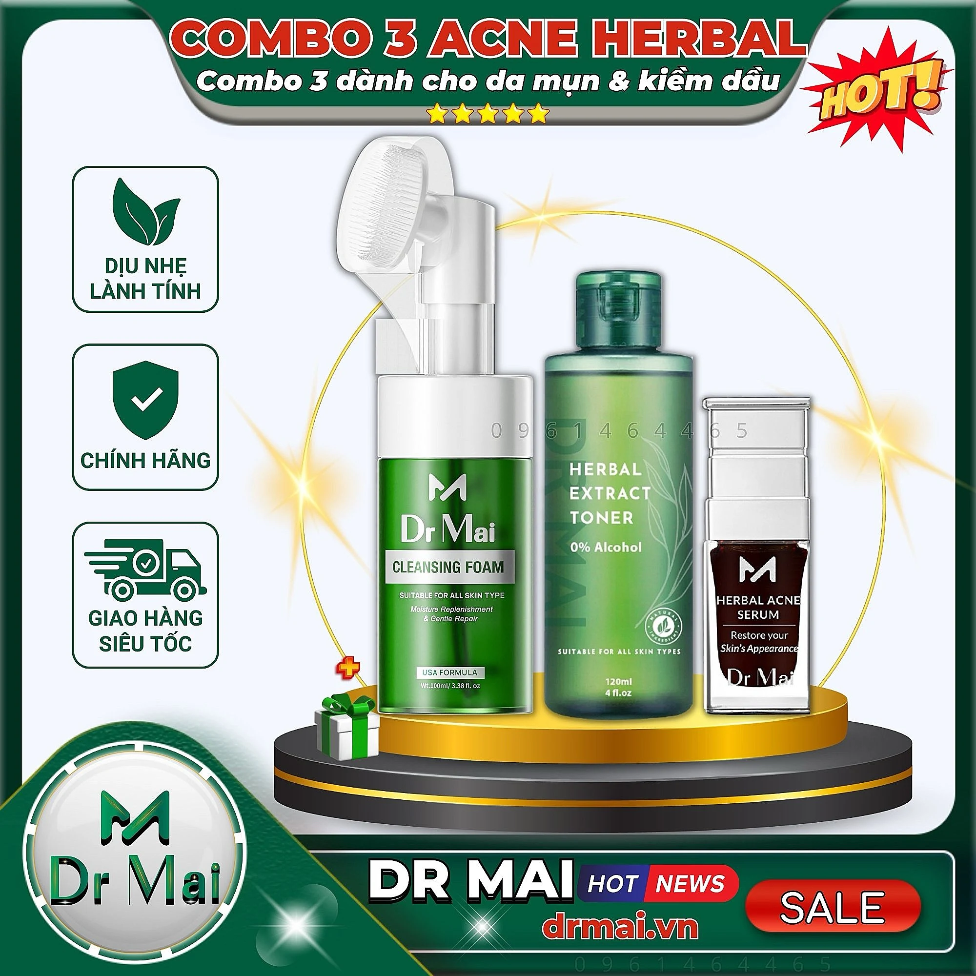 Combo Dr Mai Acne Herbal, Sữa rửa mặt Dr Mai, Toner Dr Mai