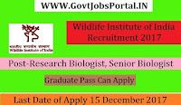 Wildlife Institute of India Recruitment 2017– 2559 Research Biologist, Senior Biologist