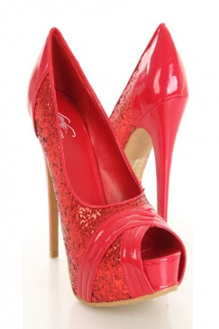 Red Faux Leather Glitter Cross Front Peep Toe Heels 