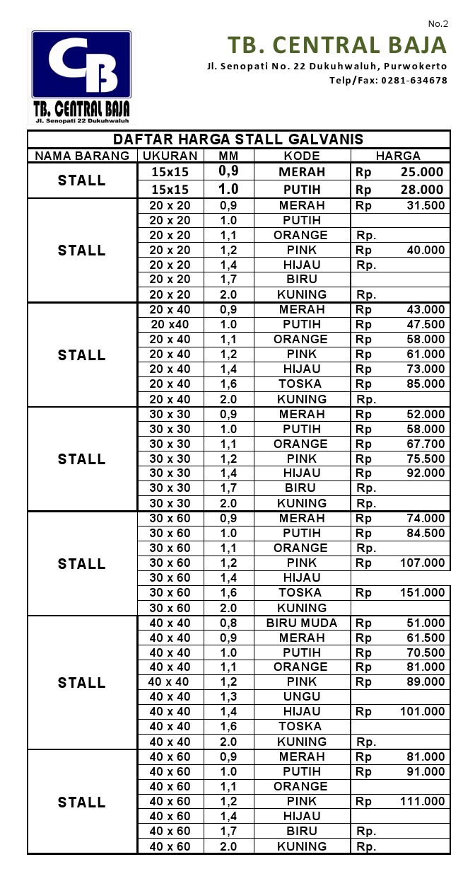 TB CENTRAL BAJA Daftar  Harga  2022 Harga  tidak mengikat 