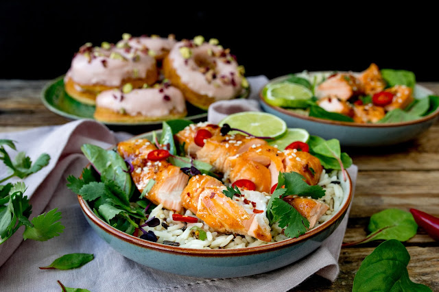 Asian salmon and pistachio rose baked doughnuts 