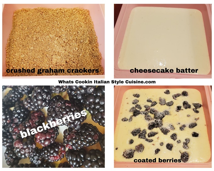 a collage of how to make blackberry cheesecake bars